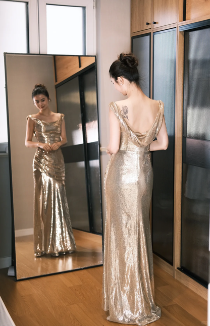 Shiny A Line Straps Golden Sequin Long Party Dress Wedding Guest Dress with Slit SH2929