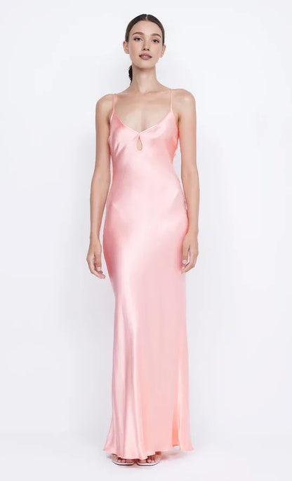 Xuewuba Dress Spaghetti Straps V Neck Sleeveless Evening Dress Pink Prom Dress Sheath Open Back Maxi Dress