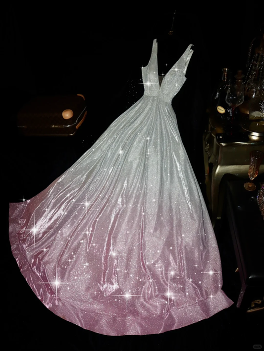 Stunning A Line V Neck Pink Silver Ombre Sequin Prom Dress Evening Dress SH3105