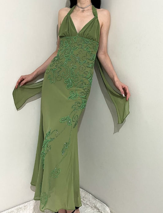 Vintage Sheath Halter Green Beaded Chiffon Open Back Evening Dress Party Dress SH2693