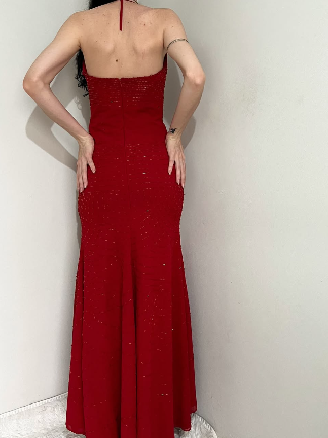 Vintage Mermaid Spaghetti Strap Sequin Beaded Red Chiffon Evening Dress Party Dress SH2690