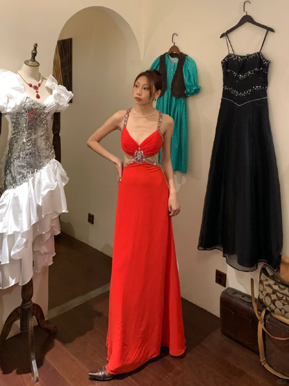 Vintage A Line Spaghetti Strap Red Beaded Sequin Chiffon Long Open Back Prom Dress Evening Dress SH2972