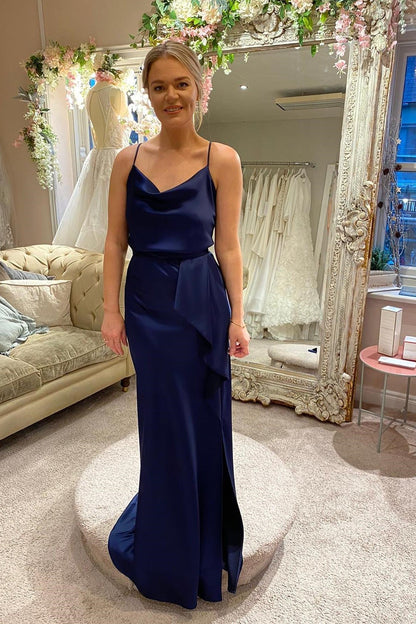 Navy Blue Cowl Neck Ruched Bridesmaid Dress Formal Dresses