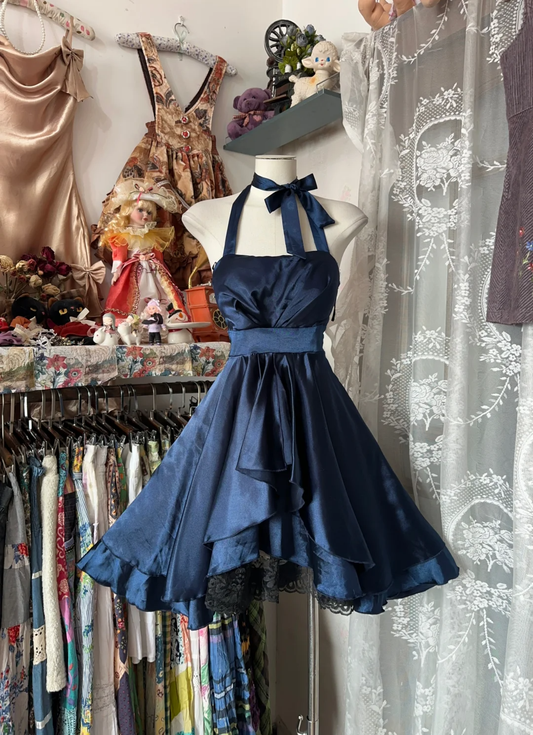 A Line Halter Bow Lace Navy Blue Satin Short Homecoming Dress Cocktail Dress SH2998