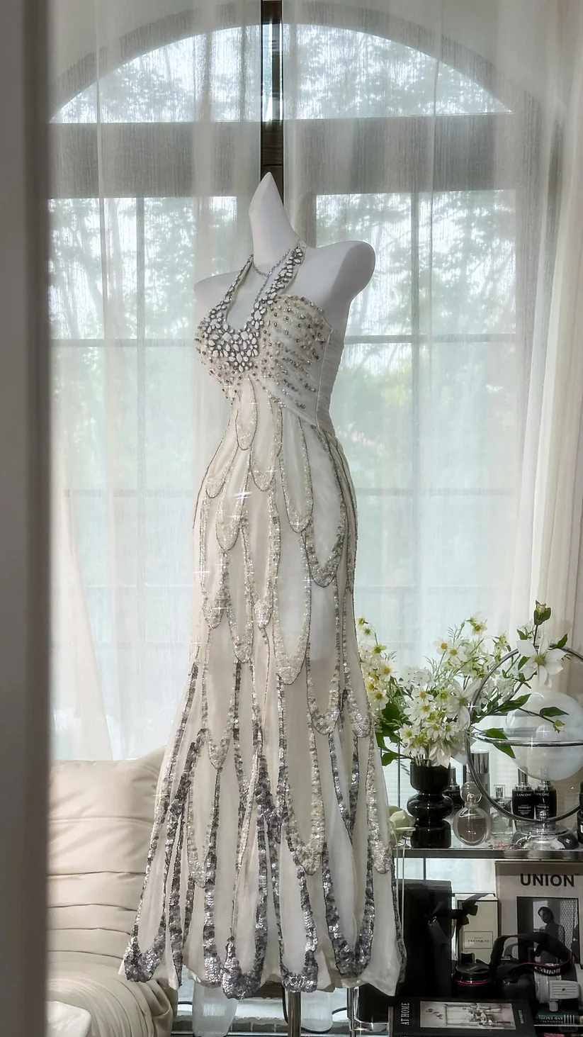 White Beaded Sparkling Ball Gown Long Chiffon Ball Gown Evening Gown Birthday Gown Wedding Gown SH3437
