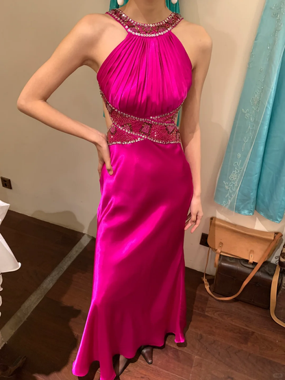 Vintage Mermaid Halter Beaded Sequin Pink Satin Long Open Back Party Dress Cocktail Dress SH2947