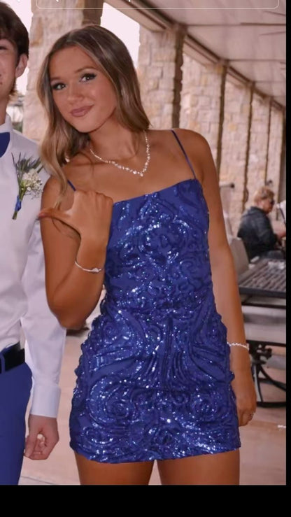 Sexy Sheath Spaghetti Straps Sequin Royal Blue Short Formal Homecoming Dress Middle School Short 16th Birthday Outfits Graduation Dress Cocktail Dresses DH2226