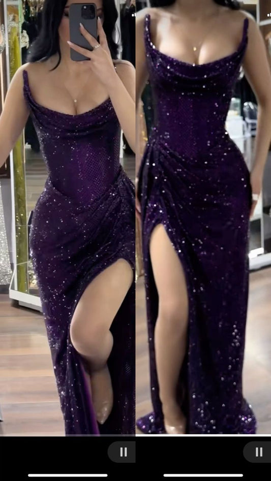 Sparkly Mermaid Strapless Grape Sequin Long Slit Evening Party Gowns Evening Dress Special Formal Dresses Prom Dress DH2330