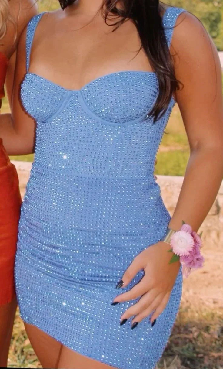 Pretty Sheath Sweetheart Blue Sequin Formal Homecoming Dresses 21st Birthday Outfits Graduation Dress Short Mini Cocktail Dresses DH2397