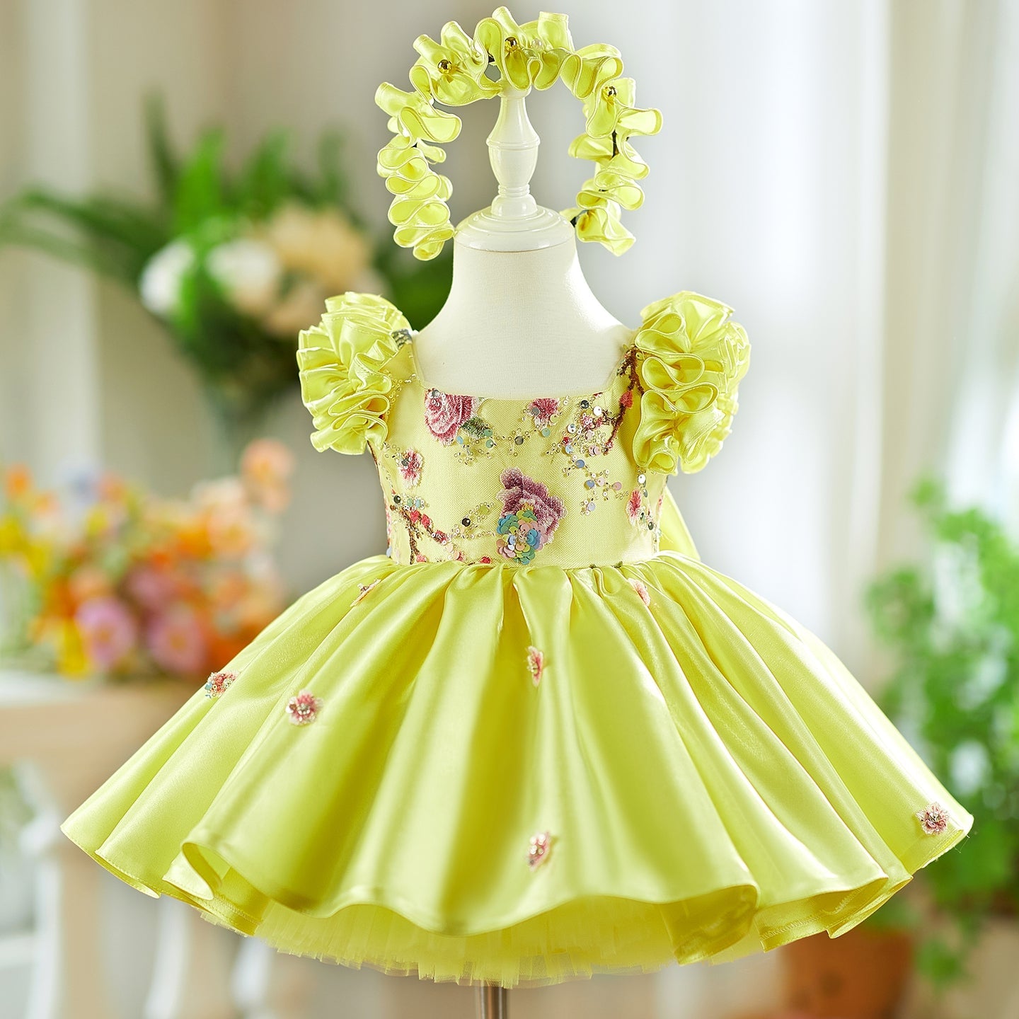 Pink Girl Dress 3D Flowers with Hairband for Kids J026