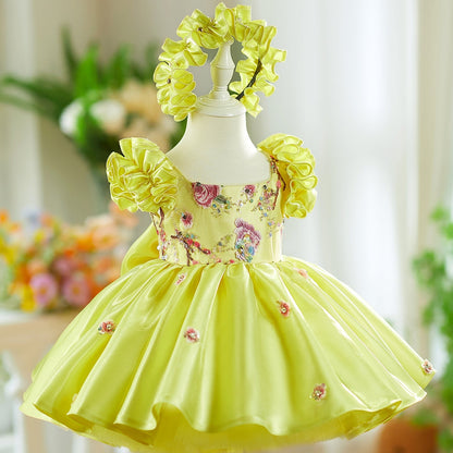 Pink Girl Dress 3D Flowers with Hairband for Kids J026