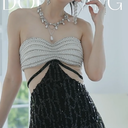 Sexy Strapless Mermaid Long Evening Dresses Beaded Sequin Party Dresses Black Prom Dresses  DP3306