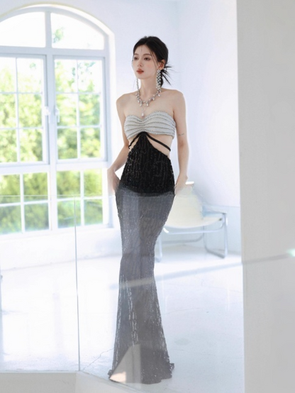 Sexy Strapless Mermaid Long Evening Dresses Beaded Sequin Party Dresses Black Prom Dresses  DP3306