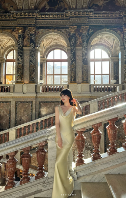 Elegant V-neck Sheath Yellow Long Prom Dresses Satin Sleeveless Backless Evening Dresses Yellow Bridesmaid Dresses DP3955