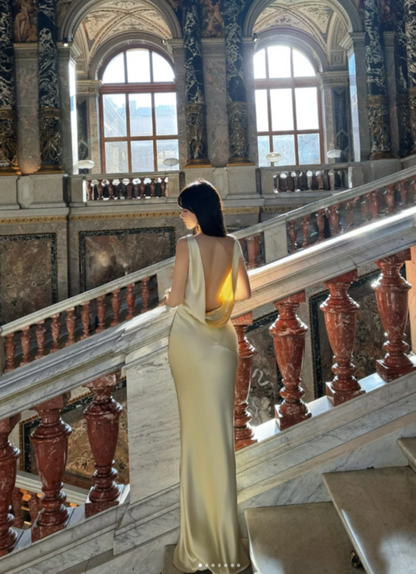 Elegant V-neck Sheath Yellow Long Prom Dresses Satin Sleeveless Backless Evening Dresses Yellow Bridesmaid Dresses DP3955