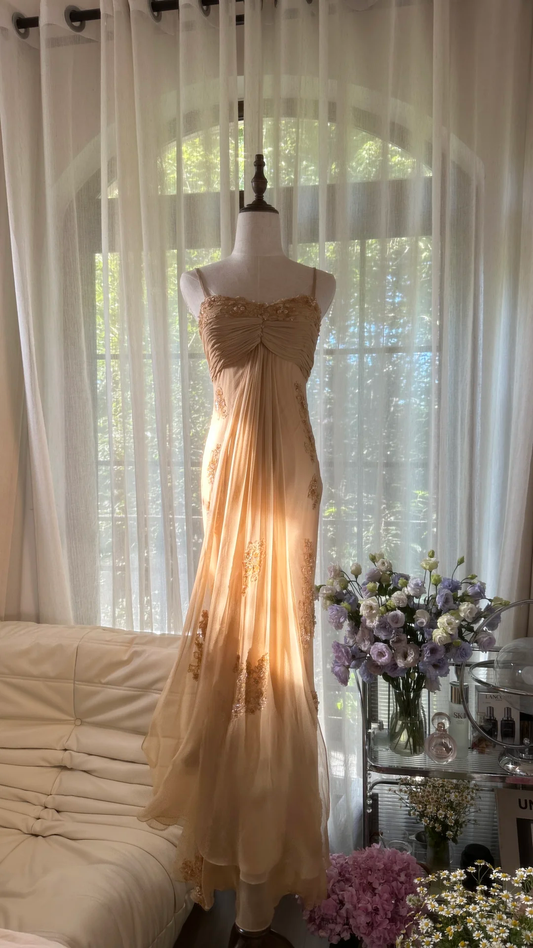 Dreamy Sheath Spaghetti Strap Appliques Chiffon Long Prom Dress Evening Dress SH2968