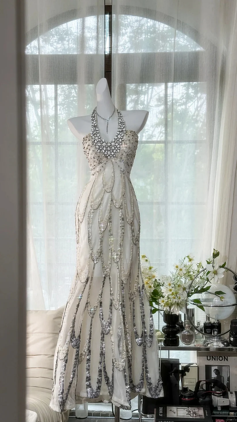 White Beaded Sparkling Ball Gown Long Chiffon Ball Gown Evening Gown Birthday Gown Wedding Gown SH3437
