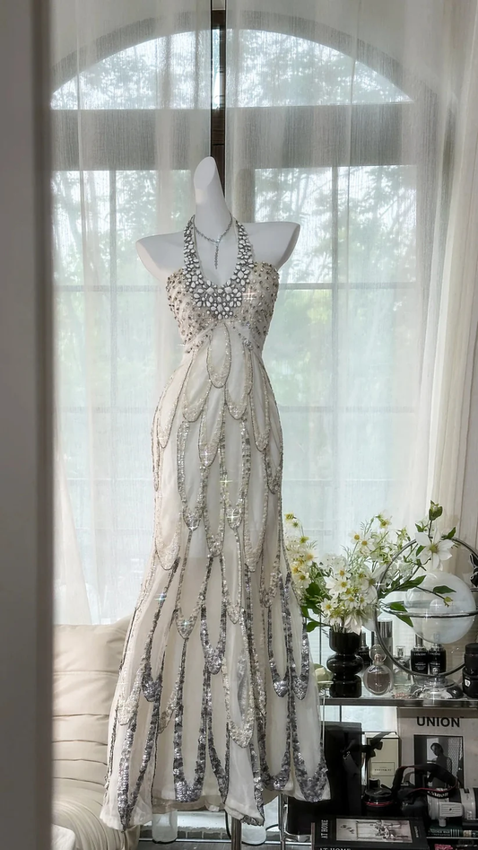 White Beaded Sparkling Ball Gown Long Chiffon Ball Gown Evening Gown Birthday Gown Wedding Gown SH3437