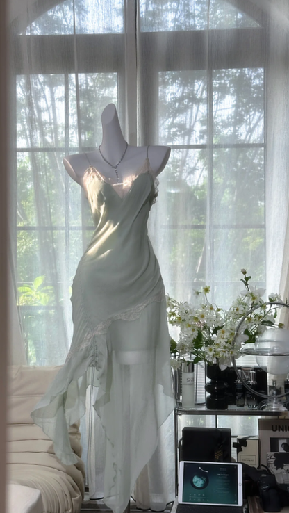 Sexy Light Green Chiffon Lace Pleated Mermaid Long Party Dress Prom Dresses D940