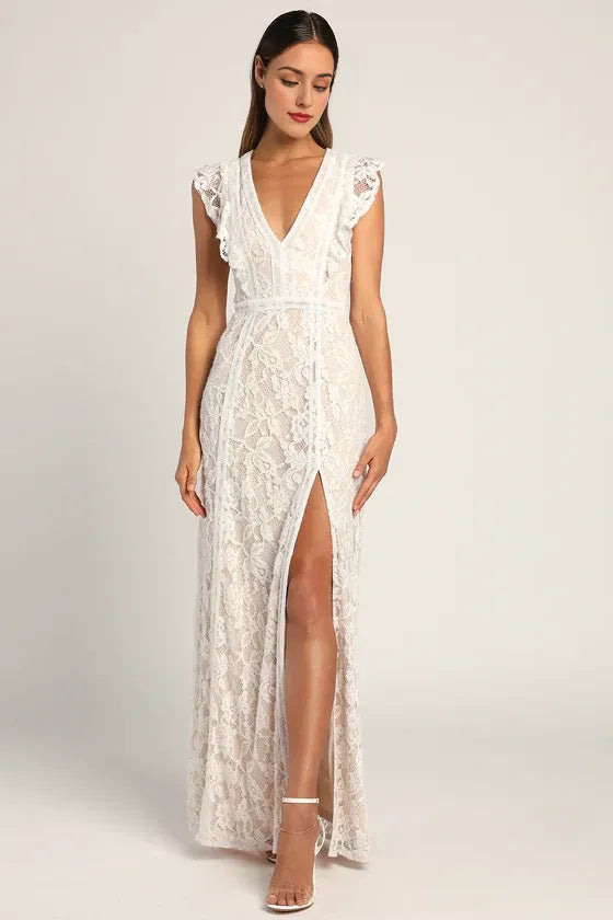 Deep V Neck Sleeveless White Lace Ruffled Wedding Dress With Slit
