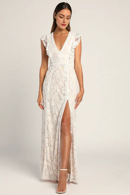 Deep V Neck Sleeveless White Lace Ruffled Wedding Dress With Slit