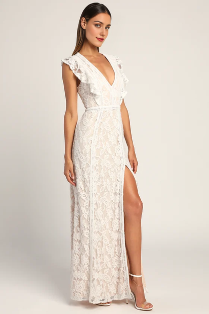 Deep V Neck Sleeveless White Lace Ruffled Wedding Dress With Slit