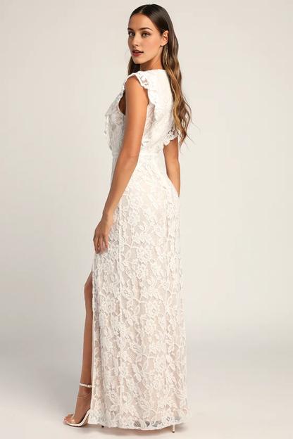 Deep V Neck Sleeveless White Lace Ruffled Wedding Dress With Slit