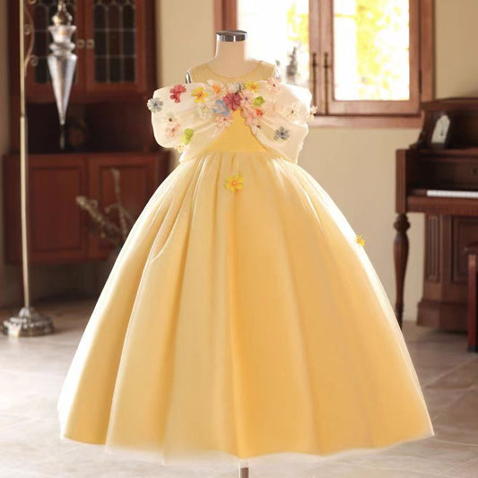 Yellow 3D Flowers Girl Dress for Birthday Pageant Party J081