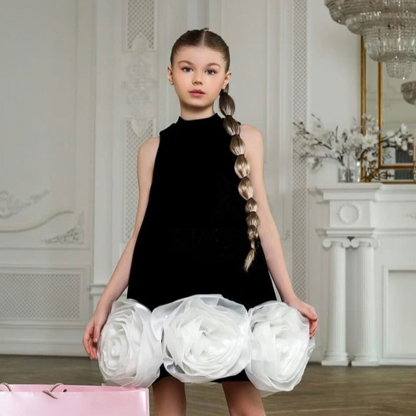 Arabic White Black Girl Dress Flowers Party Gown J180