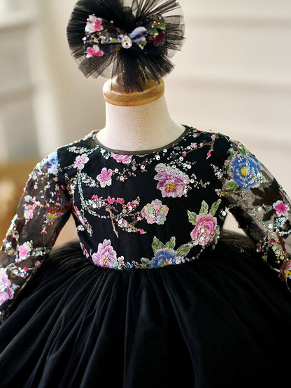 Black Baby Long Sleeve Adorable Knee Length Girl Dress J057