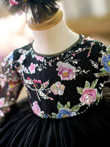 Black Baby Long Sleeve Adorable Knee Length Girl Dress J057