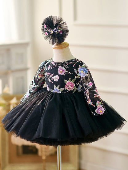 Black Baby Long Sleeve Adorable Knee Length Girl Dress J057