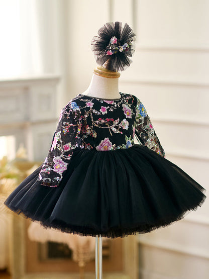 Black Baby Long Sleeve Adorable Knee Length Girl Dress J057