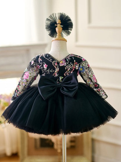 Black Baby Long Sleeve Adorable Knee Length Girl Dress J057