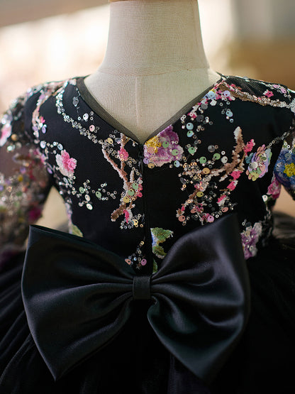 Black Baby Long Sleeve Adorable Knee Length Girl Dress J057