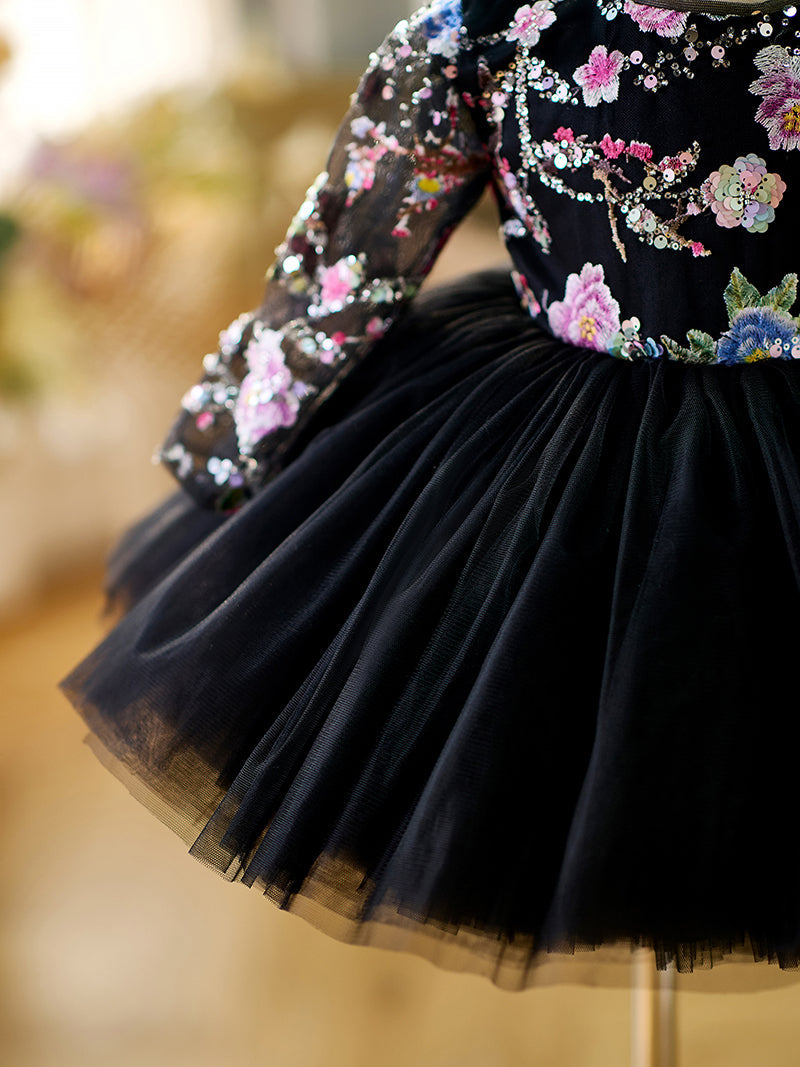 Black Baby Long Sleeve Adorable Knee Length Girl Dress J057