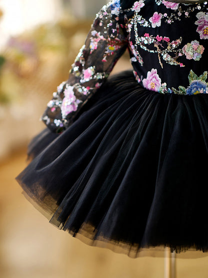 Black Baby Long Sleeve Adorable Knee Length Girl Dress J057