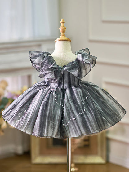 Black Baby Puffy Sleeve Pearls Knee Length Birthday Girl Dress J024