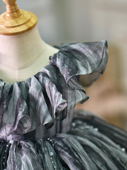 Black Baby Puffy Sleeve Pearls Knee Length Birthday Girl Dress J024