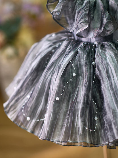 Black Baby Puffy Sleeve Pearls Knee Length Birthday Girl Dress J024