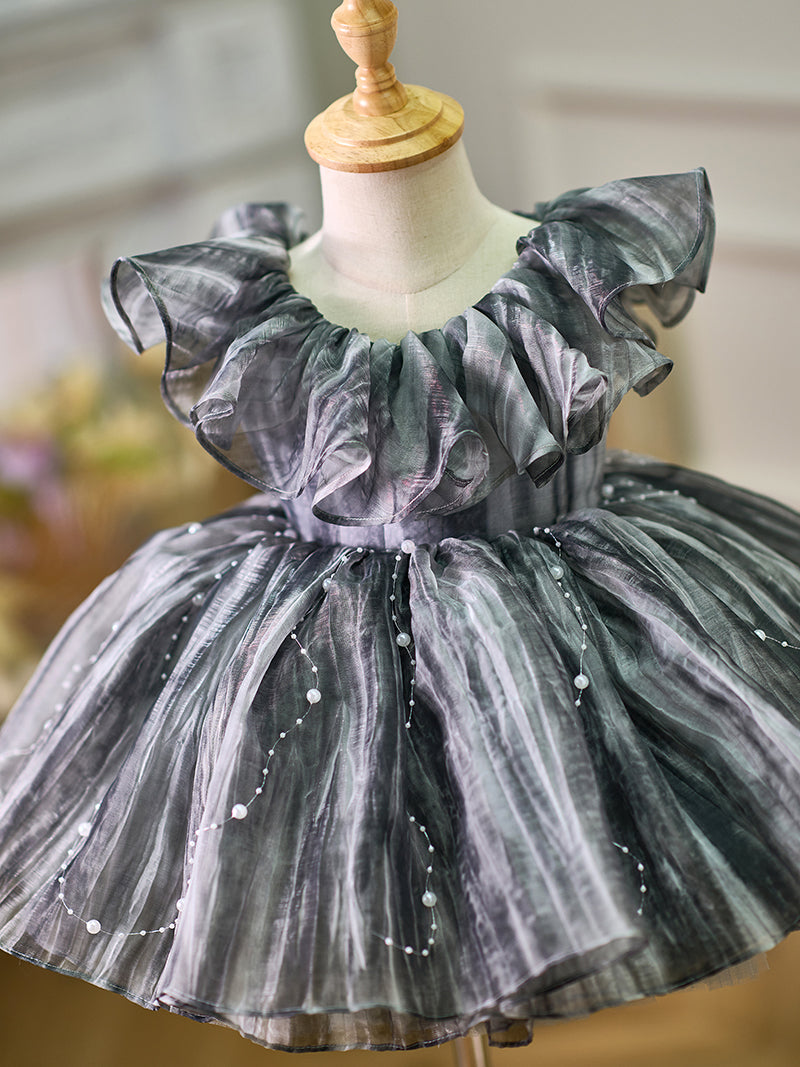 Black Baby Puffy Sleeve Pearls Knee Length Birthday Girl Dress J024