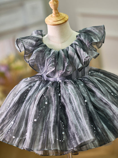 Black Baby Puffy Sleeve Pearls Knee Length Birthday Girl Dress J024