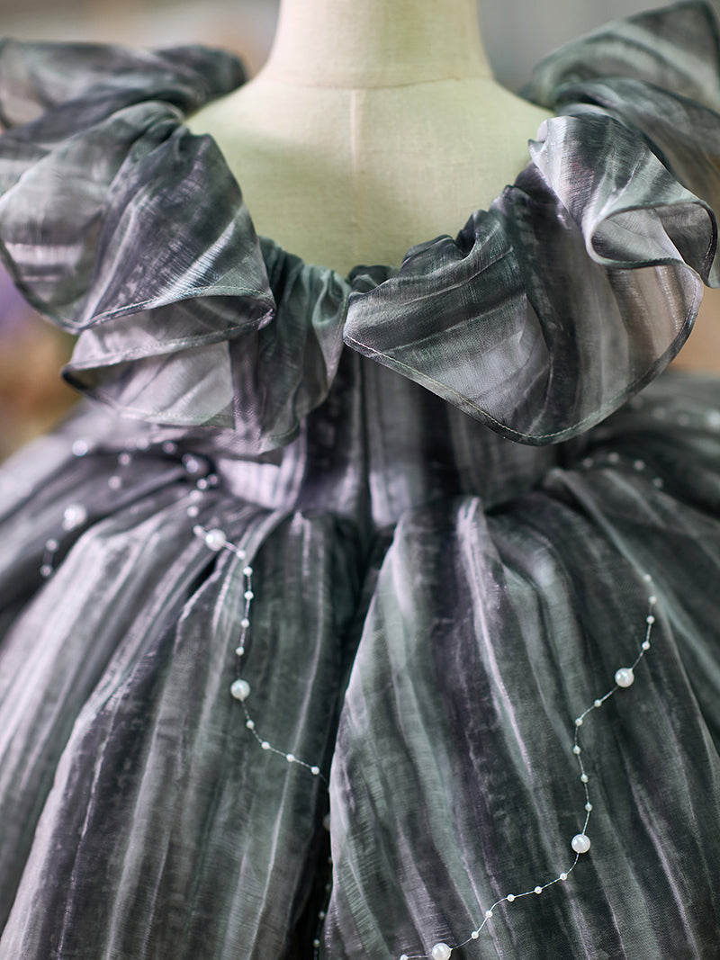 Black Baby Puffy Sleeve Pearls Knee Length Birthday Girl Dress J024