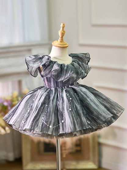Black Baby Puffy Sleeve Pearls Knee Length Birthday Girl Dress J024
