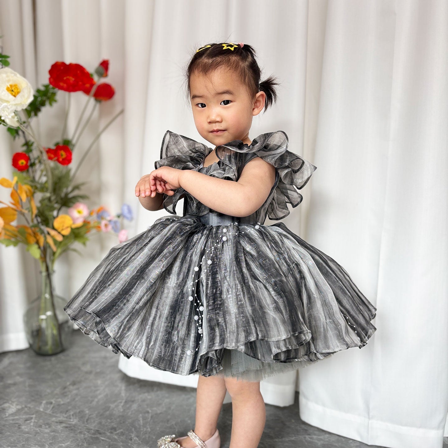 Black Baby Puffy Sleeve Pearls Knee Length Birthday Girl Dress J024