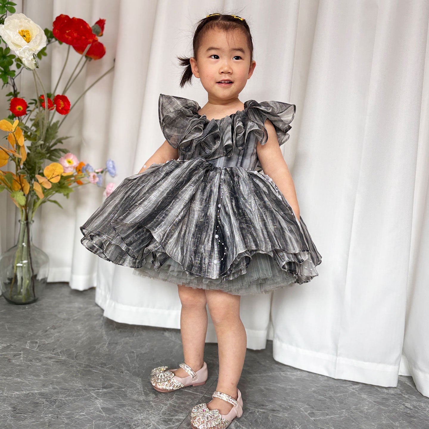 Black Baby Puffy Sleeve Pearls Knee Length Birthday Girl Dress J024