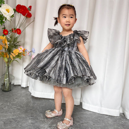 Black Baby Puffy Sleeve Pearls Knee Length Birthday Girl Dress J024