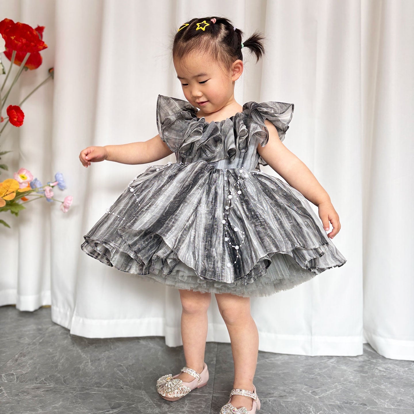 Black Baby Puffy Sleeve Pearls Knee Length Birthday Girl Dress J024