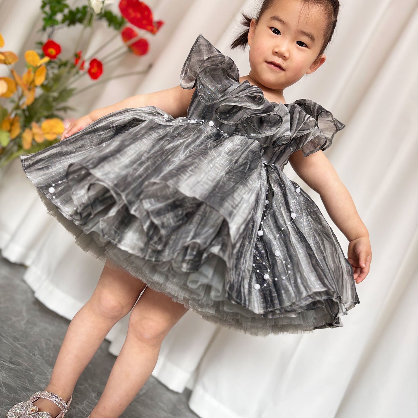 Black Baby Puffy Sleeve Pearls Knee Length Birthday Girl Dress J024