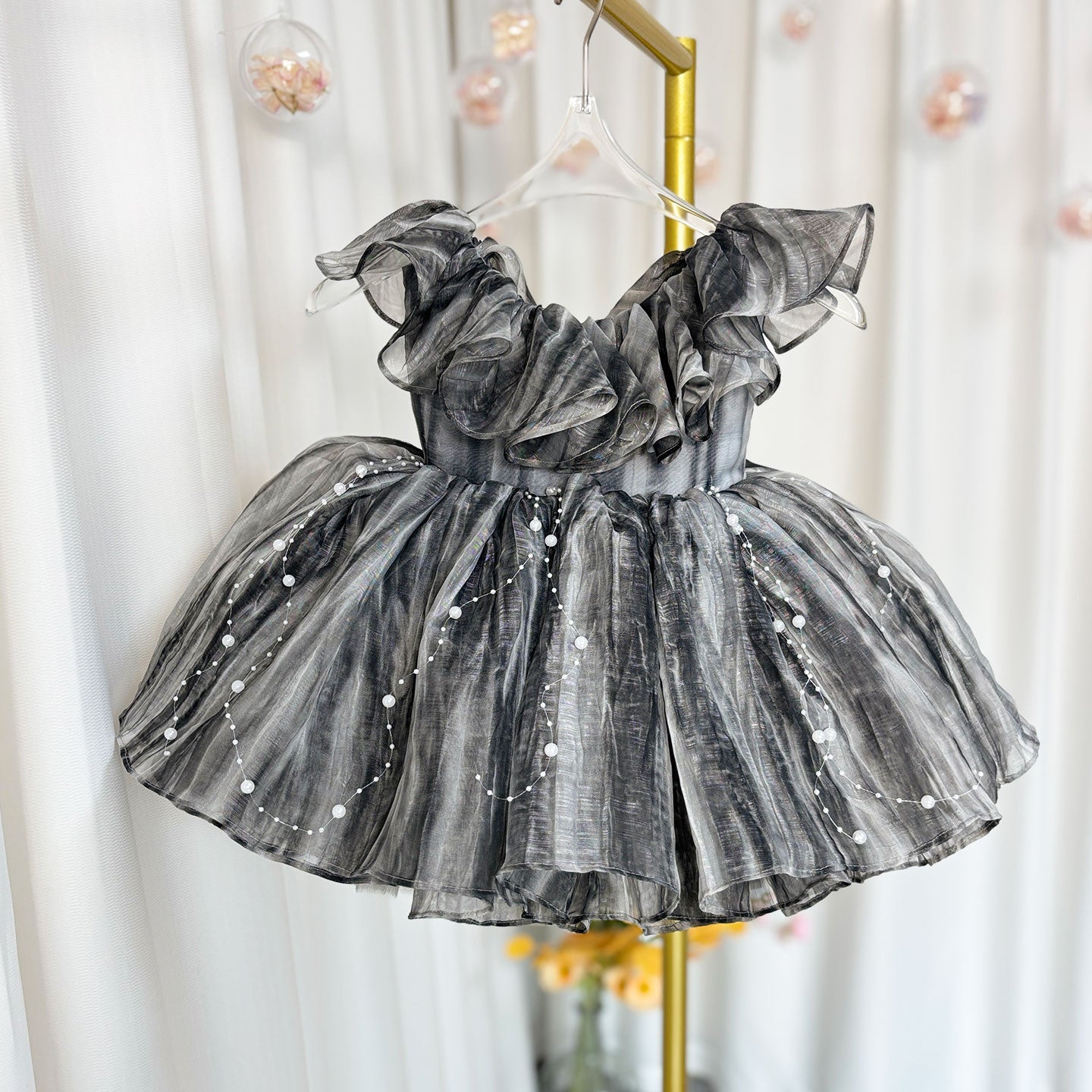 Black Baby Puffy Sleeve Pearls Knee Length Birthday Girl Dress J024
